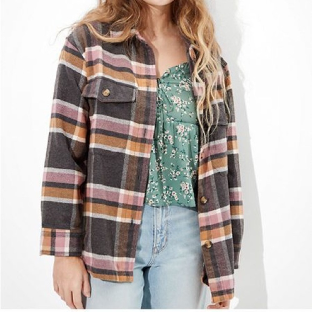 AE Oversized Plaid Shirt Jacket